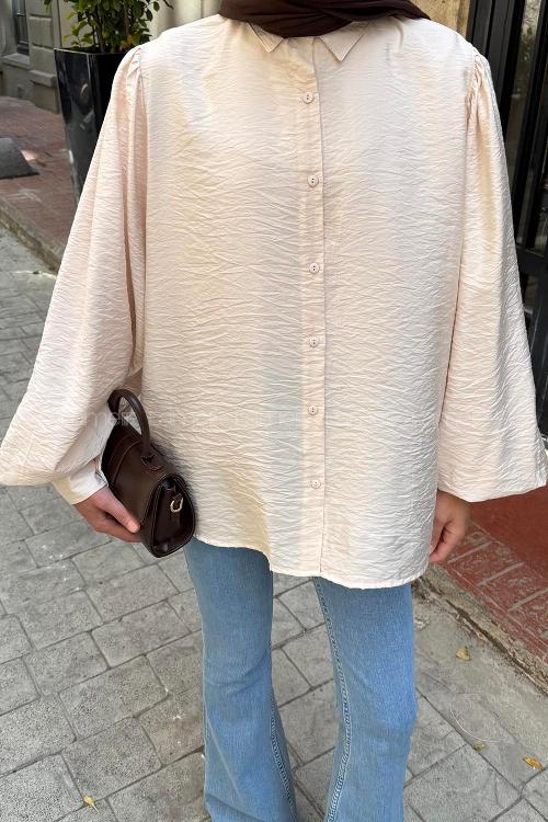 Lamelif Sedef Balon Kol Gömlek Taş Rengi