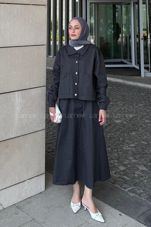 lı İkili Etek Tesettür Takım Antrasit