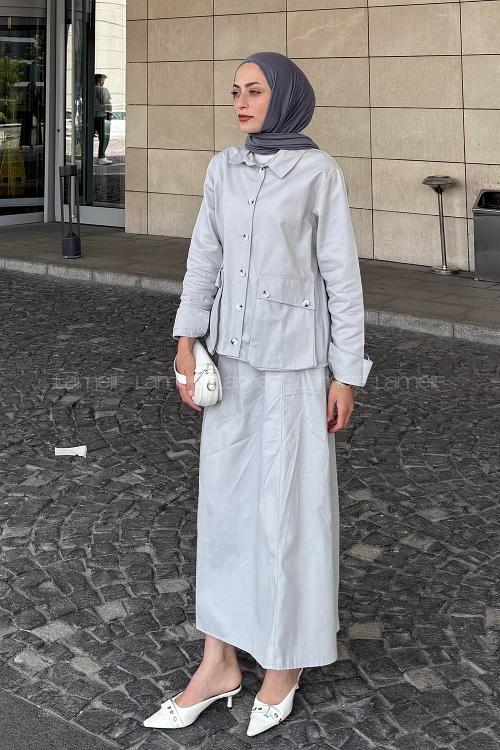 Lamelif Cep Detaylı İkili Etek  Tesettür Takım Gri