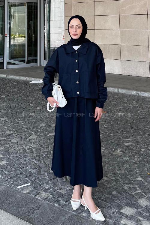 Lamelif Cep Detaylı İkili Etek Tesettür Takım Lacivert