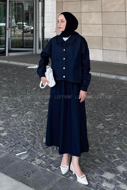 Lamelif Cep Detaylı İkili Etek Tesettür Takım Lacivert