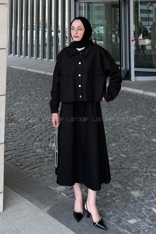 Lamelif Cep Detaylı İkili Etek Tesettür Takım Siyah