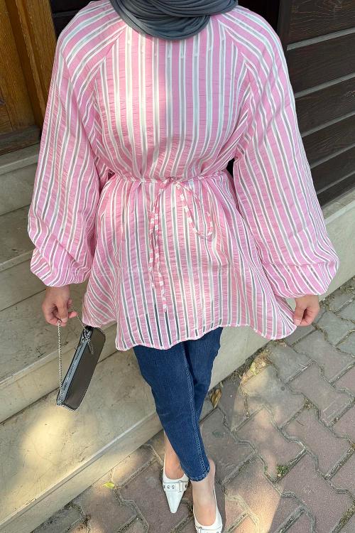 Lamelif Çizgi Detaylı Bağlamalı Tunik Pembe