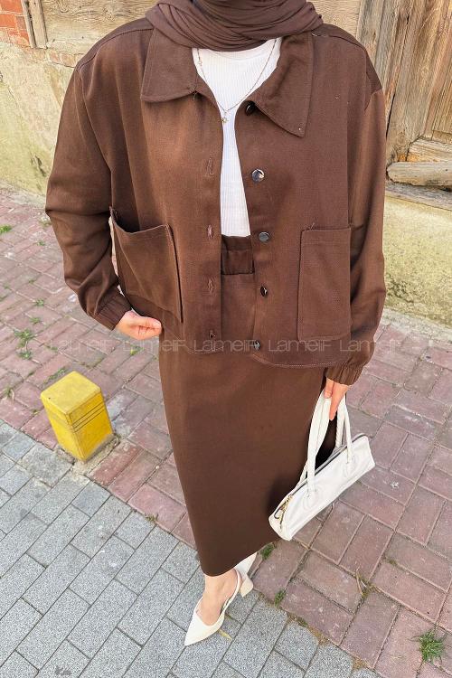 Lamelif Cep Detaylı İkili Etek Tesettür Takım Acı Kahve
