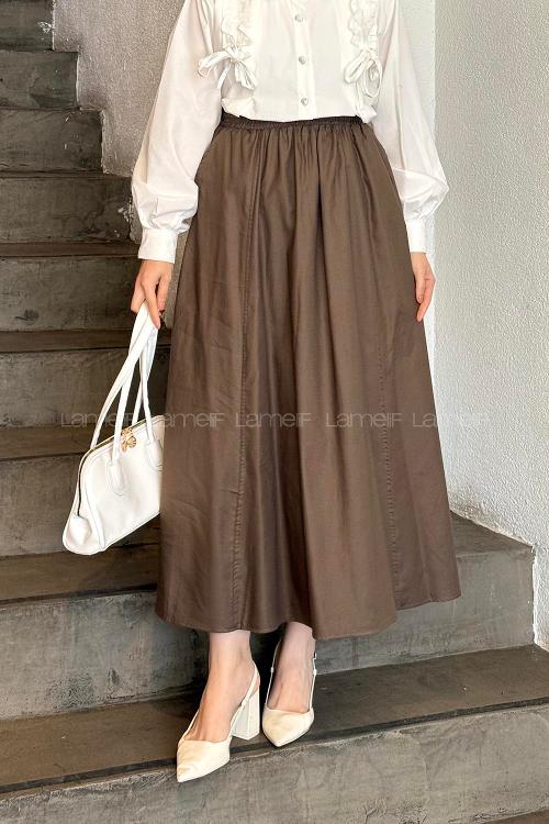 Lamelif Cep Detaylı Kloş Etek Kahve