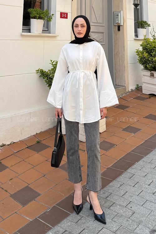 Lamelif Cupra Belden İpli Tesettür Gömlek Beyaz