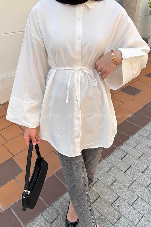 Lamelif Cupra Belden İpli Tesettür Gömlek Beyaz