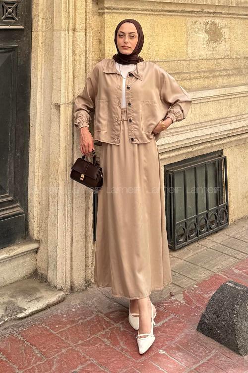 Lamelif Cep Detaylı İkili Etek Tesettür Takım Kum Beji