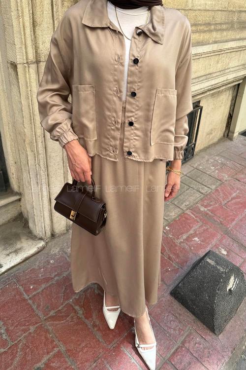 Lamelif Cep Detaylı İkili Etek Tesettür Takım Kum Beji