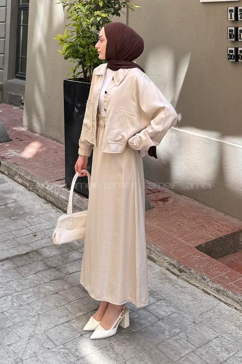 Lamelif Cep Detaylı İkili Etek Tesettür Takım Taş Rengi