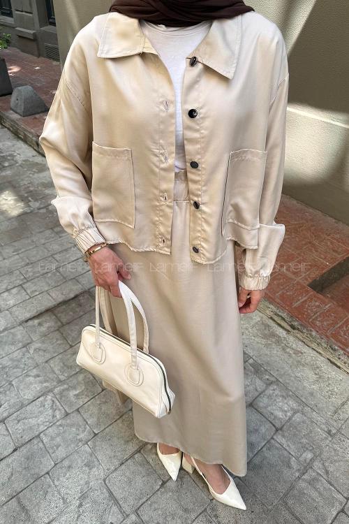 Lamelif Cep Detaylı İkili Etek Tesettür Takım Taş Rengi