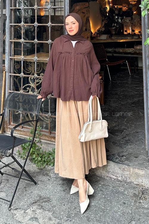 Lamelif Dantel Detaylı Gömlek Acı Kahve