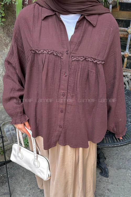 Lamelif Dantel Detaylı Gömlek Acı Kahve