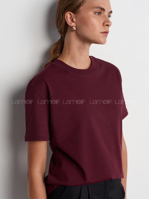 Lamelif Dilvin 30312 Dekoratif Dikişli Bisiklet Yaka Tshirt Bordo