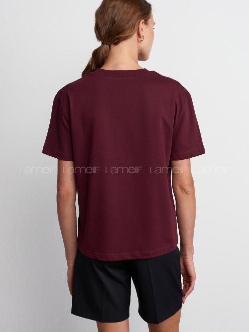 Lamelif Dilvin 30312 Dekoratif Dikişli Bisiklet Yaka Tshirt Bordo