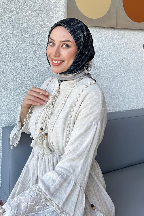 Lamelif Retro Desen Soft Eşarp Siyah Vizon