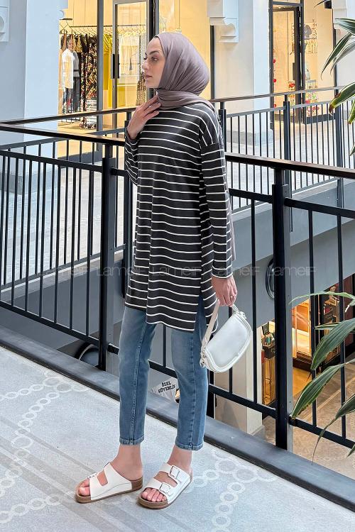 Lamelif Çizgili Uzun Kol Tunik Füme