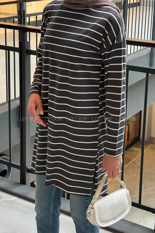 Lamelif Çizgili Uzun Kol Tunik Füme