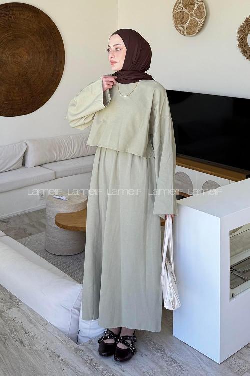 Lamelif Etekli Tesettür Takım Çağla Yeşili