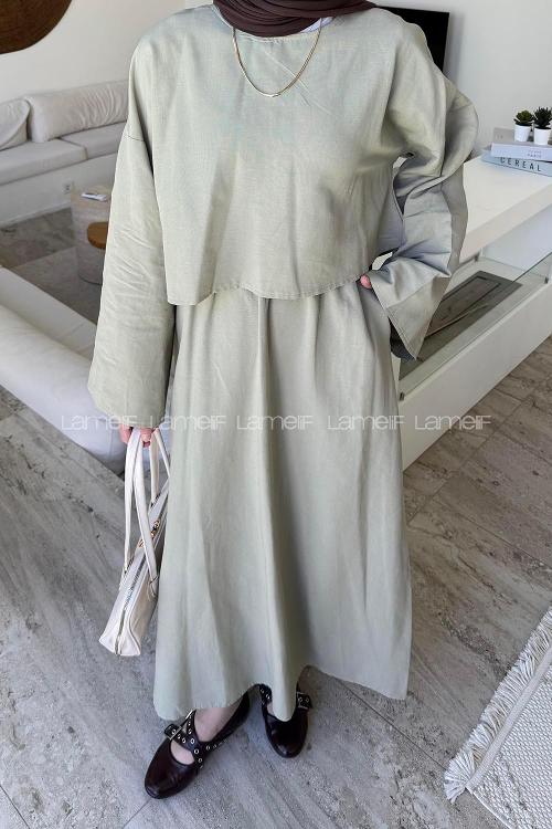 Lamelif Etekli Tesettür Takım Çağla Yeşili