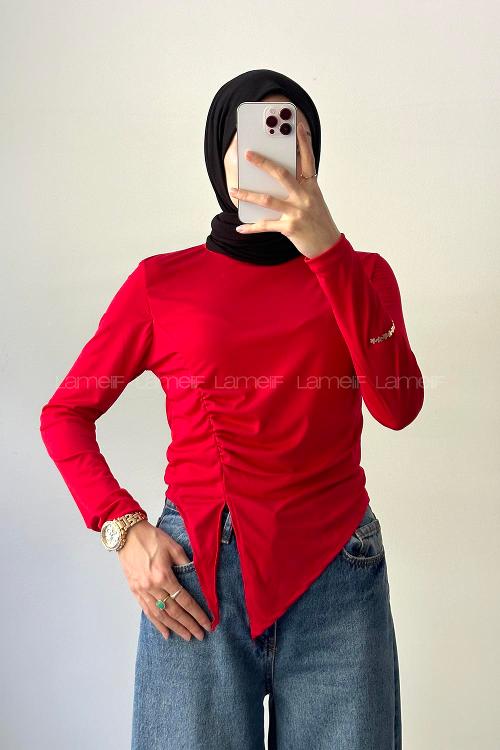 Lamelif Bisiklet Yaka Yırtmaç Detaylı Sandy Body Nar Çiçeği