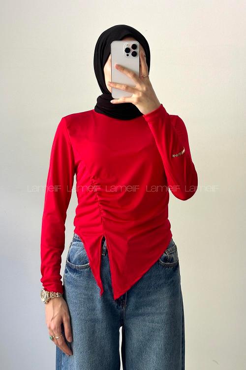 Lamelif Bisiklet Yaka Yırtmaç Detaylı Sandy Body Nar Çiçeği