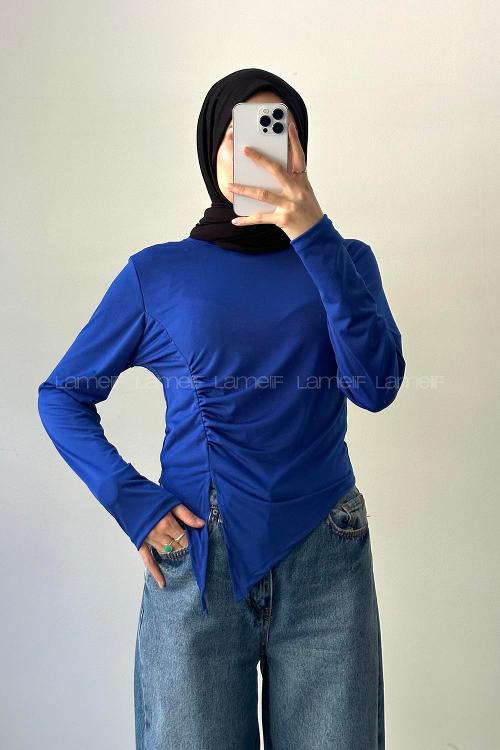 Lamelif Bisiklet Yaka Yırtmaç Detaylı Sandy Body Saks Mavisi