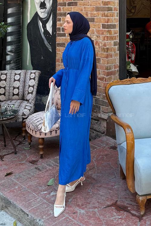 Lamelif Pat Detaylı Elbise Saks Mavisi