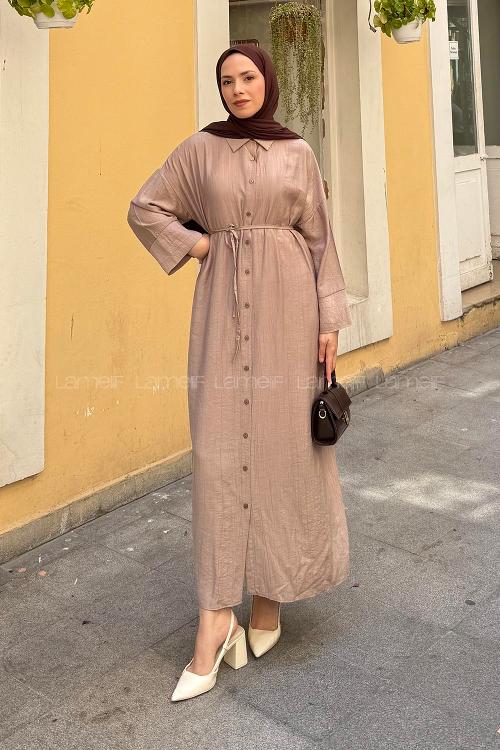 Lamelif Pat Detaylı Elbise Vizonrengi