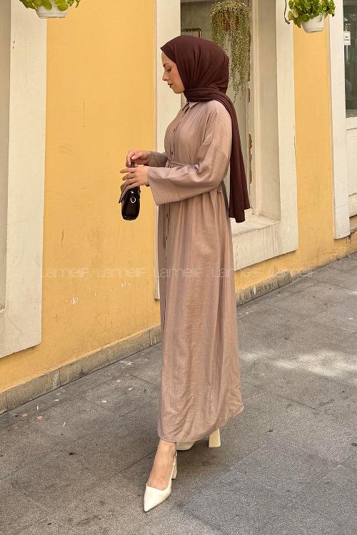 Lamelif Pat Detaylı Elbise Vizonrengi