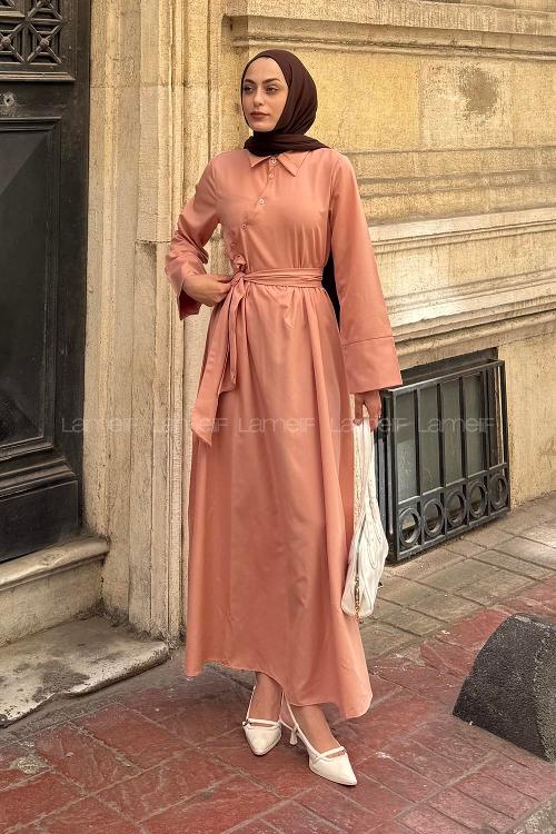 Lamelif Düğme Detaylı Tesettür Elbise Yavru Ağzı