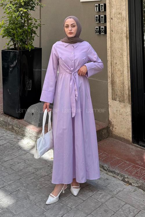 Lamelif Ön Bağlama Detaylı Tesettür Elbise Eflatun
