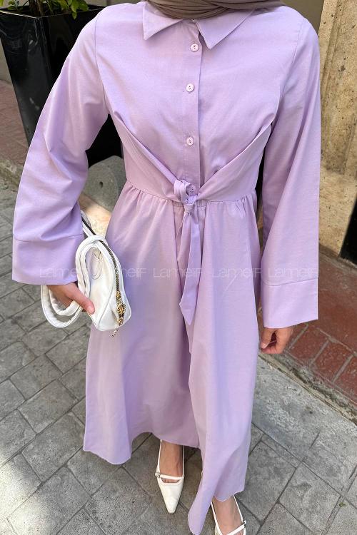 Lamelif Ön Bağlama Detaylı Tesettür Elbise Eflatun
