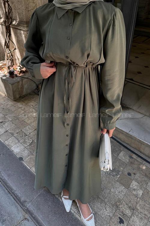 Lamelif Pile Detaylı Elbise Haki