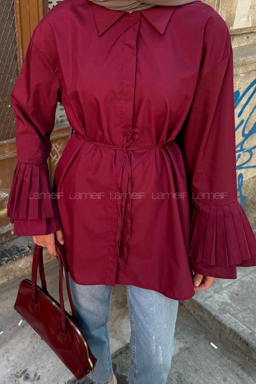 lamelif Piliseli Uzun Gömlek Bordo