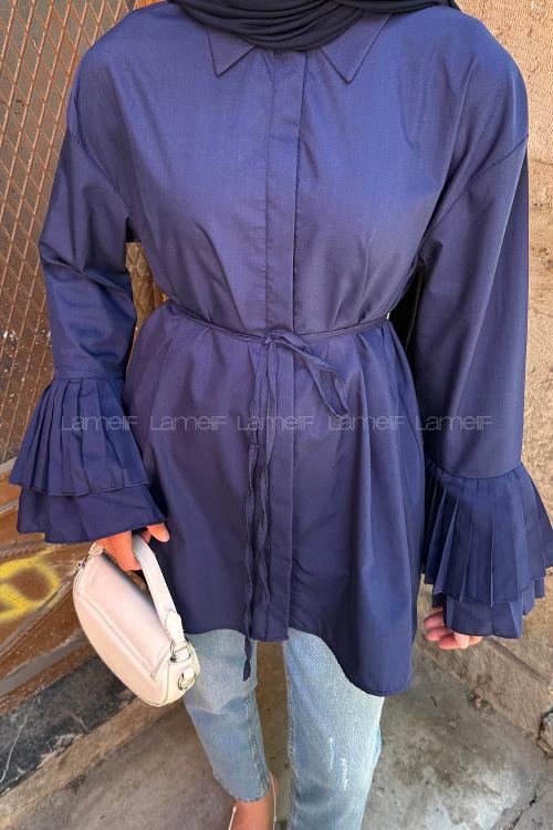 lamelif Piliseli Uzun Gömlek Lacivert