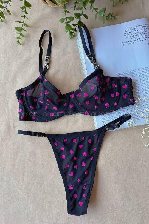 Lamelif Brode Tül Love Sütyen Takım