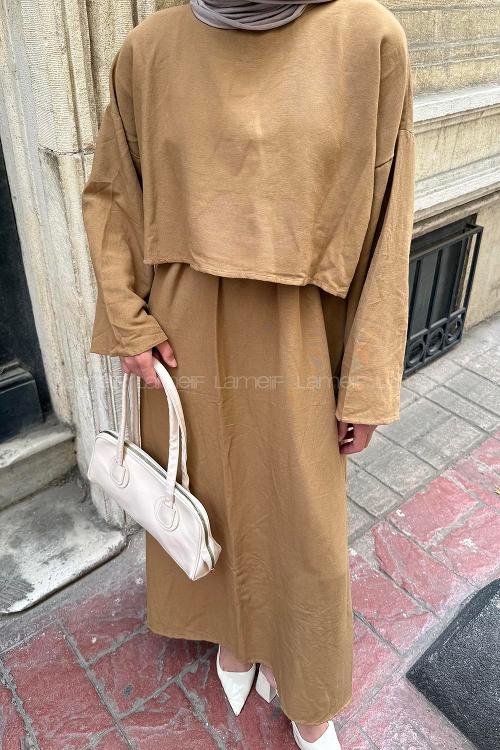 Lamelif Etekli Tesettür Takım Camel