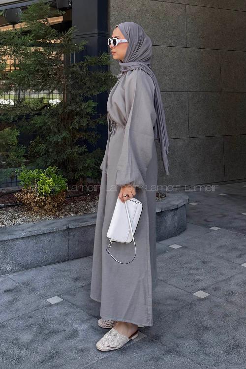 Lamelif Balon Kol Bağlamalı Tesettür Elbise Gri