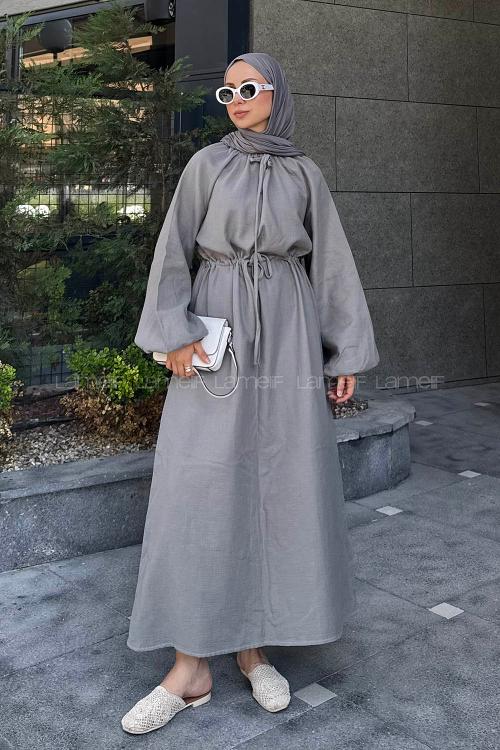 Lamelif Balon Kol Bağlamalı Tesettür Elbise Gri