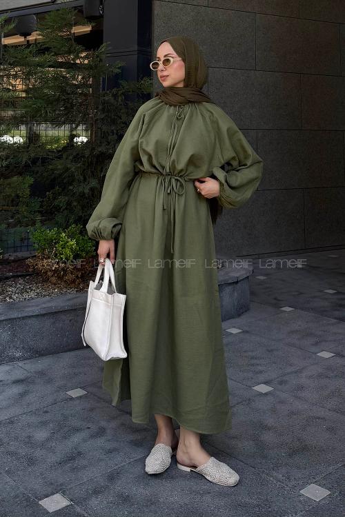 Khaki Loose Crew Neck Linen Dresess