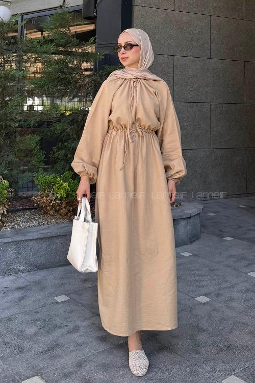 Sand Beige Loose Crew Neck Linen Dresess