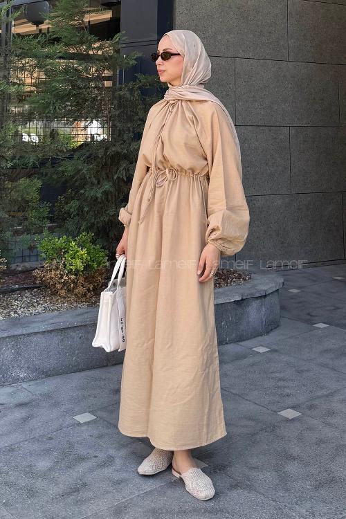 Sand Beige Loose Crew Neck Linen Dresess