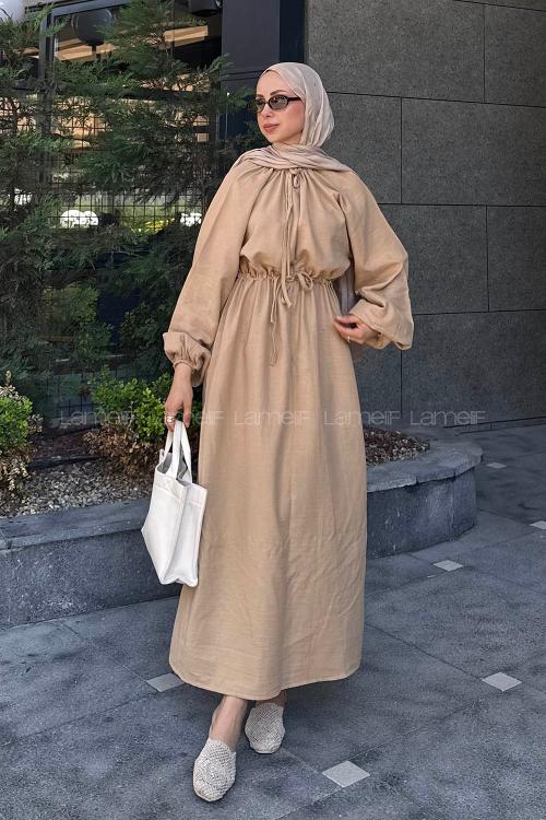 Sand Beige Loose Crew Neck Linen Dresess