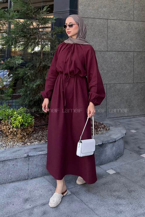 Lamelif Balon Kol Bağlamalı Tesettür Elbise Mürdüm
