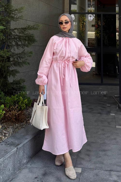 Candy Pink Loose Crew Neck Linen Dresess