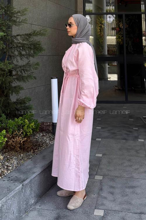 Candy Pink Loose Crew Neck Linen Dresess