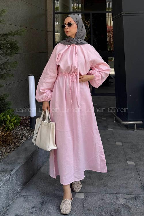 Candy Pink Loose Crew Neck Linen Dresess