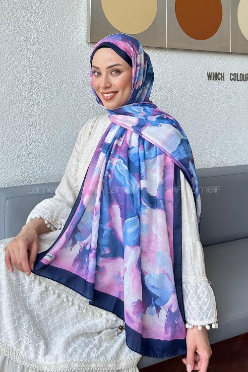 Lamelif Elegan Desen Soft Şal Lacivert Şeker Pembe