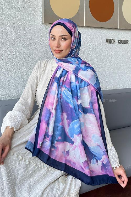 Lamelif Elegan Desen Soft Şal Lacivert Şeker Pembe